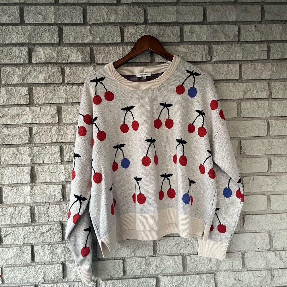 Madewell Cherry Intarsia Merino Wool Alpaca Sweater XL Cream Red Blue